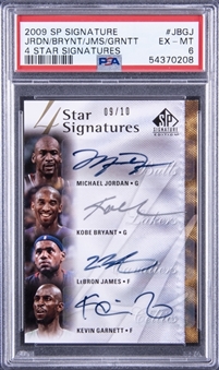 2009-10 SP Signature "4 Star Signatures" #JBGJ Jordan/Bryant/James/Garnett Quad Signed Card (#09/10) - PSA EX-MT 6